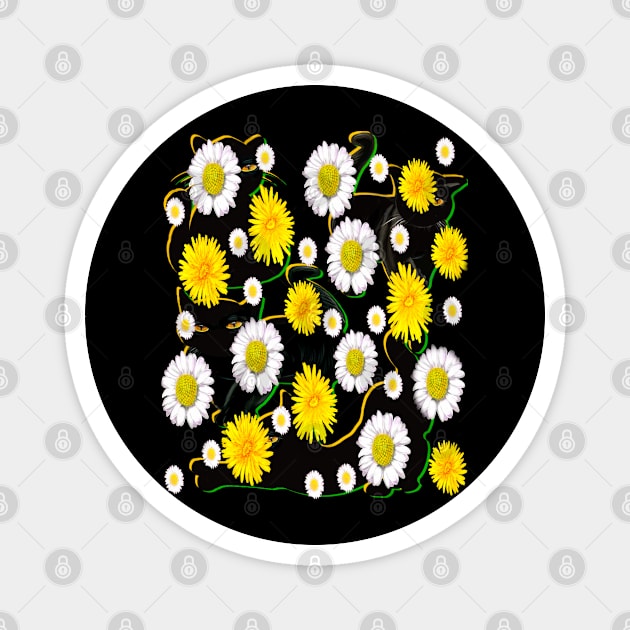 Black Cat green and yellow silhouette on top of wildflowers feelings pattern black cats  among dandelions And daisies floral bright flowers of spring and summer Magnet by Artonmytee